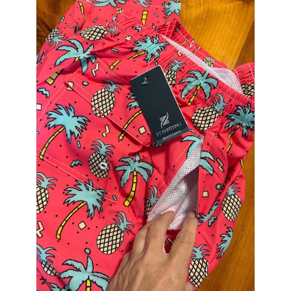 FT Fenteng Mens 2XL Pink Pineapple Palm Tree Tropical Swim Trunks Beach Shorts